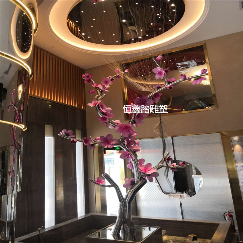 上海情侣餐馆大堂装饰镜面不锈钢桃花树雕塑厂家报价